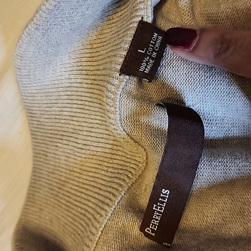 Perry Ellis Mens Longsleeve Tech Knit Zip Ribbed Mock Kneck Tan Sweater - Picture 10 of 11